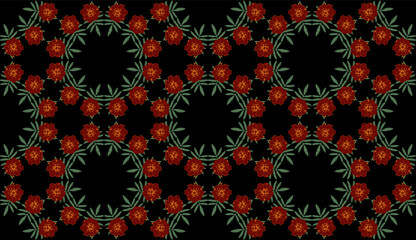 Seamless pattern with brown Tagetes patula (French marigold) flowers and green leaves on black background. Endless colorful floral texture. Vector illustration..
