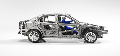 Sectional view of a car with driver, car components, chassis, chassis, car frame, 3d rendering, 3d illustration