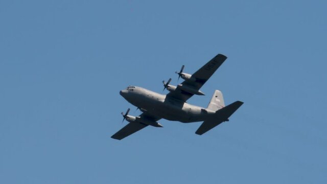 Pirmasens, Germany - AUG 06, 2020: Lockheed C-130H Hercules USAF in a training flight over southern Germany