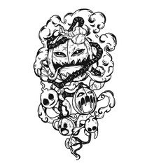 halloween pumpkin with ghost vector tattoo by hand drawing.Beautiful line art on white background.Black and white graphics design art highly detailed in line art style.