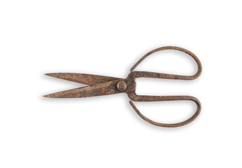 Rusty old vintage scissors on white background