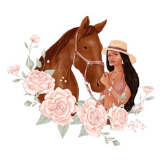 Portrait of a horse and a girl in digital watercolor style and a bouquet of roses