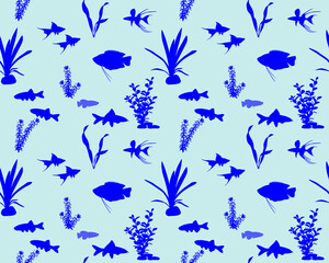 Seamless pattern with freshwater fishes and water plants in silhouette. Species of fish: gourami, swordtail, danio, rainbowfish, rainbow shark labeo, nothobranchius