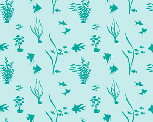 Seamless pattern with freshwater fishes and water plants in silhouette. Species of fish: swordtail, barbus, altum angelfish, tetra neon, ram cichlid
