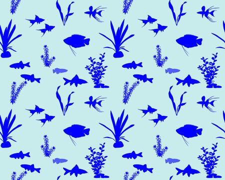 Seamless pattern with freshwater fishes and water plants in silhouette. Species of fish: gourami, swordtail, danio, rainbowfish, rainbow shark labeo, nothobranchius