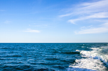 Naklejka na ściany i meble Beautiful horizon on the sea. Waves. Sunny day at sea.