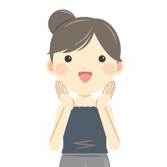 頬に両手をあてる笑顔の女性　上半身・夏服キャミソール