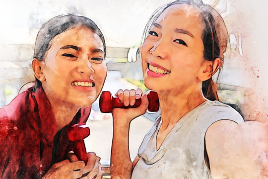 Abstract beautiful women friendship sport sexy on watercolor illustration painting background.