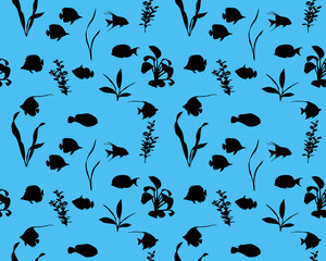 Seamless pattern with marine fishes and water plants in silhouette. Species of fish: butterflyfish, triggerfish, surgeonfish (tang), clownfish, bannerfish, moorish idol, sailfin snapper (sea bream)