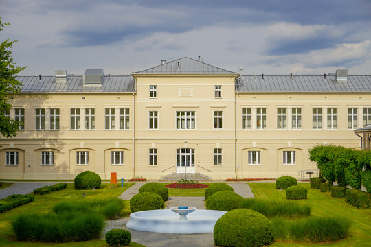 LIPIK, CROATIA - May 28, 2020:View of the park and the special hospital for medical rehabilitation-Lipik