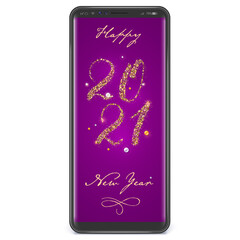 Smartphone with text 2021. Vertical banner for Happy new year holidays on screen. Glittering golden text and pearls. Template for greetings cards.