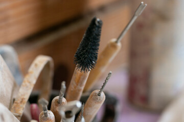 close-up, working clay brushes, art