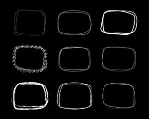 Abstract sketch stamp doodle frames of rectangle, oval, circle brush. Template of Handwritten shapes isolated vector set. Black and white background for text, tagline or logo. Speech bubbles or notes.