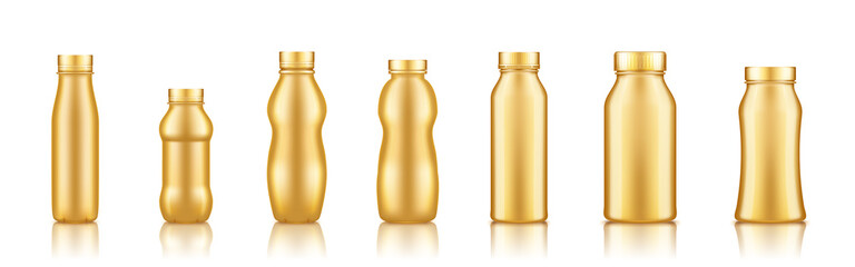 Yogurt, milk, juice or shampoo golden plastic bottle set mockup isolated on white background. Package design. Blank food, cosmetic or detergent product. Container template. 3d vector illustration