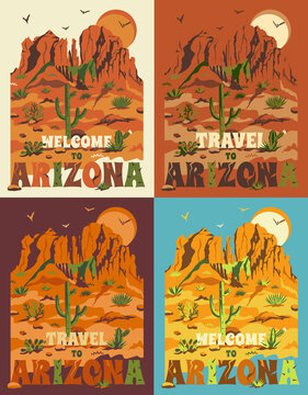 Grand Canyon landscape with mountains, rocks, stones, cactuses and sun. United States, Arizona. Set of t-shirt prints, travel posters or banners with slogan in flat retro style 