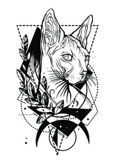 Cat with a flower.Black vector silhouette drawing illustration of a Sphinx cat with triangles and circles.Print for t shirt or tattoo design.Sticker.
