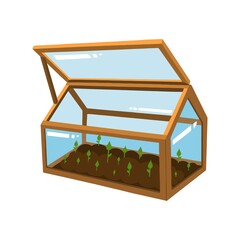 Greenhouse vector illustration isolated on white background. Glass greenhouse where young shoots germinate. Growing seedlings.