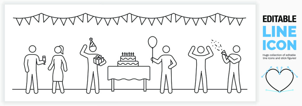 Editable line illustration of a birthday party or event. Part of a huge set of editable line icons and stick figures! 