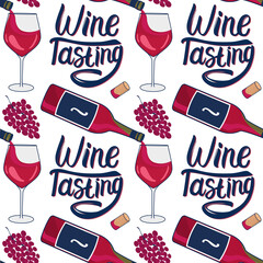 Seamless pattern Red wine is poured into a glass from a bottle. Wine tasting lettering inscription. Vector hand drawn illustration isolated on white - 370565920