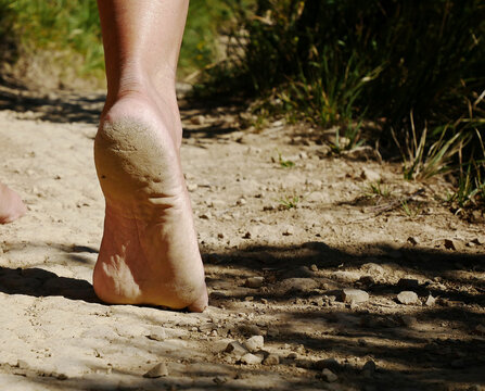Camminare a piedi nudi lungo un sentiero naturale con terra asciutta in una zona appenninica. 