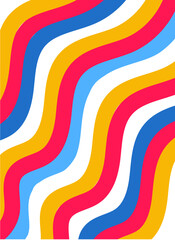 Abstract colorful rainbow wave pattern. Retro dynamic striped background. Simple futuristic curves, vintage liquid stroke poster. Blue, red, orange and white ribbon stripes trendy vector illustration.
