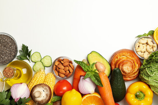 Different food on white background, space for text