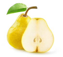 Isolated cut pears. One whole yellow pear with bent stem and leaf and a half isolated on white...