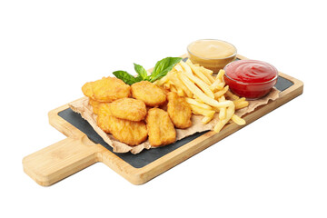Board with chicken nuggets, potato and sauces isolated on white background