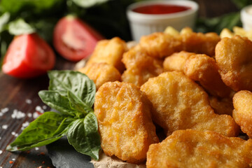 Composition with chicken nuggets, sauces and potato on wooden background