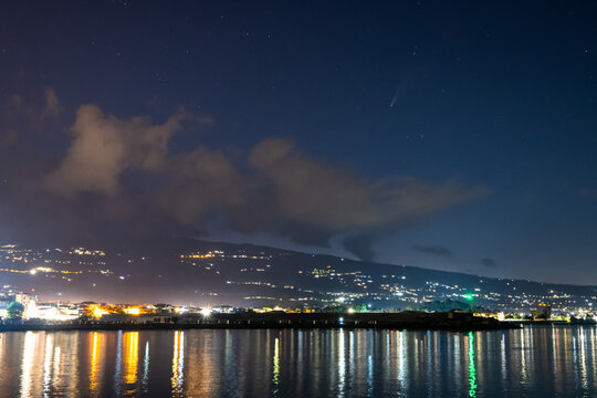 Neowise Comet from Riposto harbour and Etna volcano behind