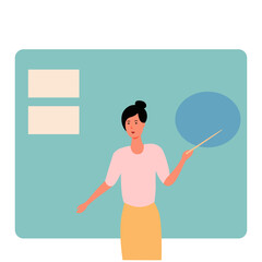Cartoon portrait of a teaching teacher holding a pointer near the chalkboard, great design for any purpose. Flat vector character illustration. Young beautiful woman teaches online in the school room.