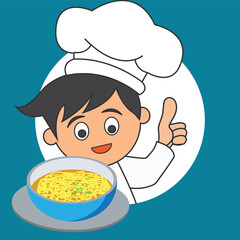 chef man with the toque holding a dish ready to serve. cartoon character. vector illustration