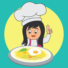 chef woman with the toque holding a dish ready to serve. cartoon character. vector illustration