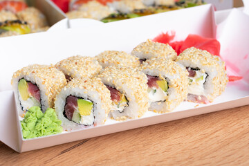 Sushi set in carton box. Japanese sushi food
