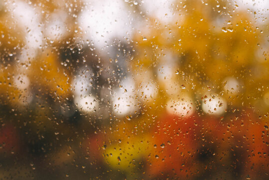 rain drops on the window, golden in the fall. rainy season. storm, hurricane, downpour.