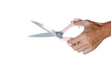 Close up male hand with scissors to cutting gesture, isolated on white background.