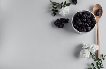 Fototapeta na wymiar Blackberry in white glass bowl on grey background with copy space