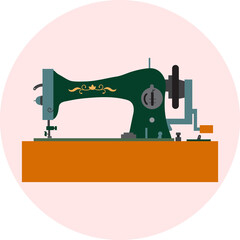 Vector illustration of vintage sewing machine in flat style with manual actuator. Emblem in a circle in nice natural colors. It can be used as icon or design element for needlework site, blogs