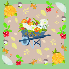 Cart with flowers, berries and mushrooms