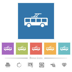 Trolley bus flat white icons in square backgrounds