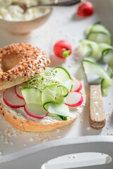Homemade bagel with cottage cheese and cucumber for fresh breakfast