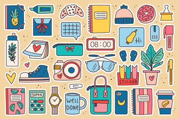 Back to school big clip art, set of elements, stickers. Office stuff, stationery. Notebook, glasses, bag, pen, marker, plant, lap top, clock, coffee, accessory, device, decor. Colorful doodle design.