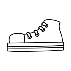 Shoe, sneakers, gumshoes, footwear. Fashion, accessory. Line art. Ink black illustration, icon. Isolated on white background.