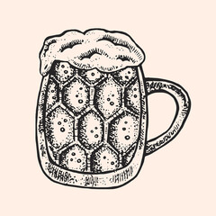 Mug, glass of beer, ale, lager. Oktoberfest monochrome illustration. Alcohol. German tradition. Bavaria. Bar, pub. Vector. Isolated on background.