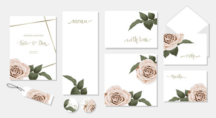 Set of floral card with herbal branch and  rose. Greenery frame. Rustic style. For wedding, birthday, party, save the date. Vector illustration. Watercolor style