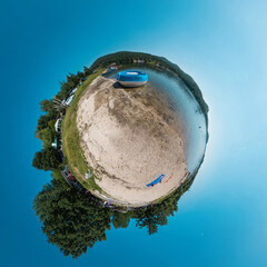 Little planet panoramic projection of lake beach