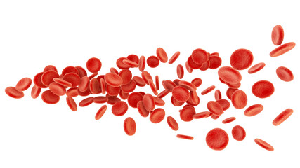 Red blood cells in stream. Medical background. Isolated on a white background. 3d rendering. High resolution.