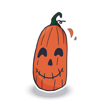 Hand drawn vector set of cute halloween pumpkins with different funny faces sticker. Autumn holidays. Creepy and spooky elements for halloween decorations. Vector illustration flat style design.