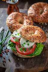 Tasty bagel with tomatoes, mozzarella and lettuce