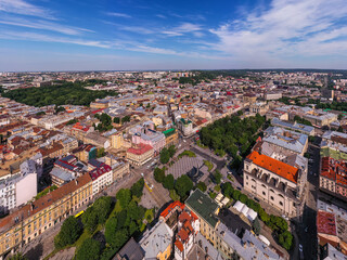 Panoramic aerial view of colourful houses in historical old district of Lviv, Ukraine. Lviv is one of main cultural centres and largest city and in western Ukraine.